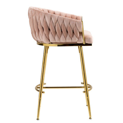 Counter Height Bar Stools Kitchen Island Counter Bar Stool With Hand - Wave Back, Golden Chromed Base And Footrest (Set of 2) - Pink
