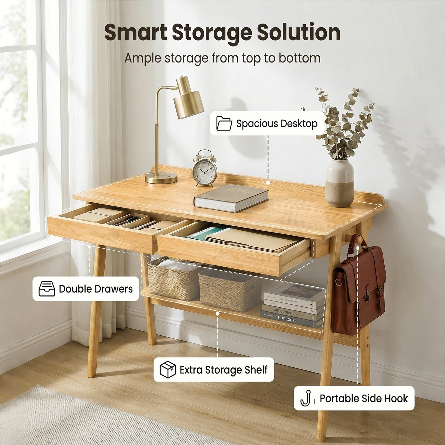 Solid Wood Writing Desk with 2 Drawers & Storage Shelf