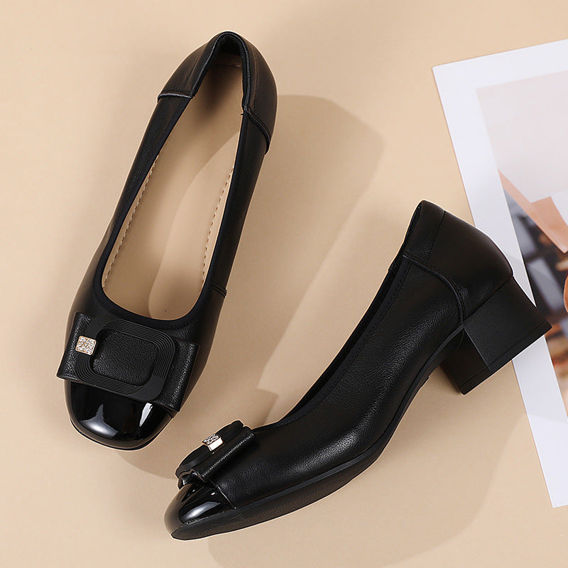 Women's Bow Knot Square Toe Low Heel Slip On Pumps Full Grain Cowhide Casual Shoes