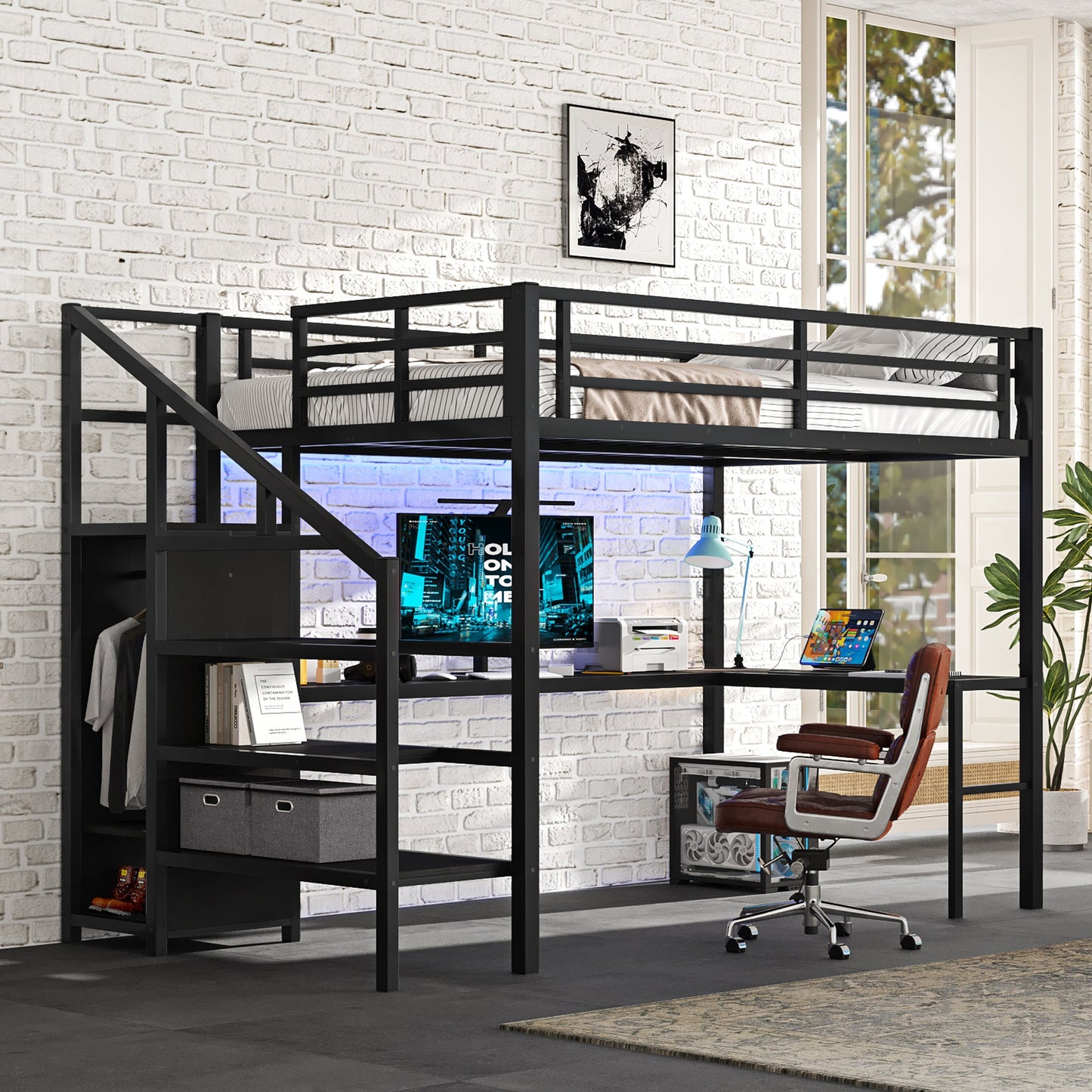 Full Size Loft Bed with L-Shaped Desk and USB