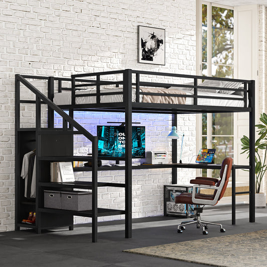 Full Size Loft Bed with L-Shaped Desk and USB