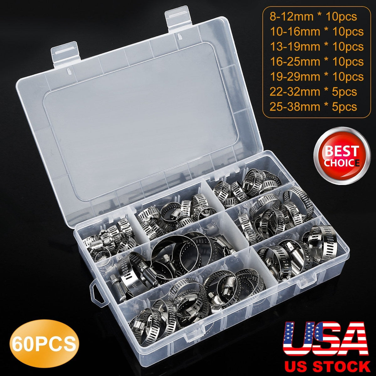 60Pcs Hose Clamp Set Stainless Steel Adjustable Worm Gear Assortment Pipe Tube Hose Clip Kit For Plumbing Automotive Mechanical