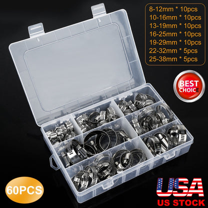 60Pcs Hose Clamp Set Stainless Steel Adjustable Worm Gear Assortment Pipe Tube Hose Clip Kit For Plumbing Automotive Mechanical