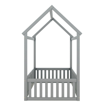 Wood House Bed With Fence And Door
