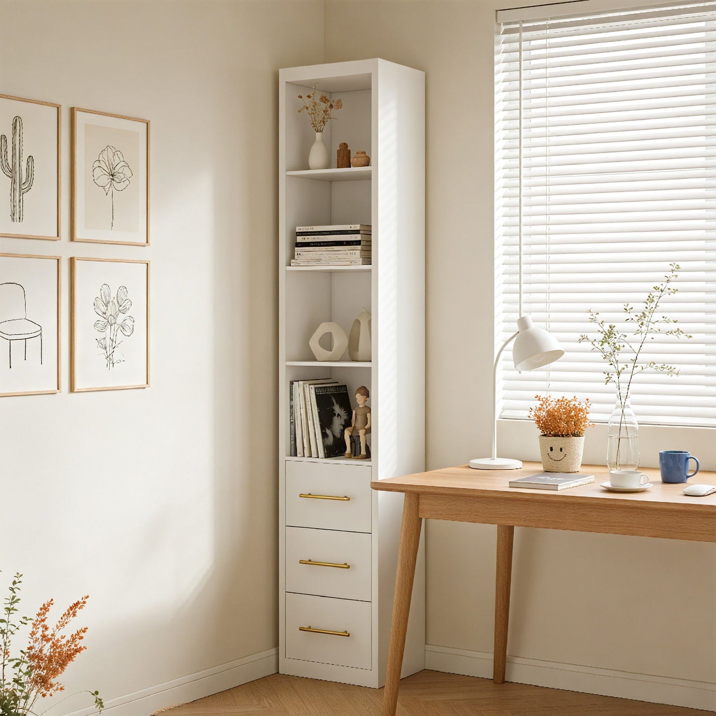 Tall Storage Cabinet With 3 Drawers For Bedroom - White