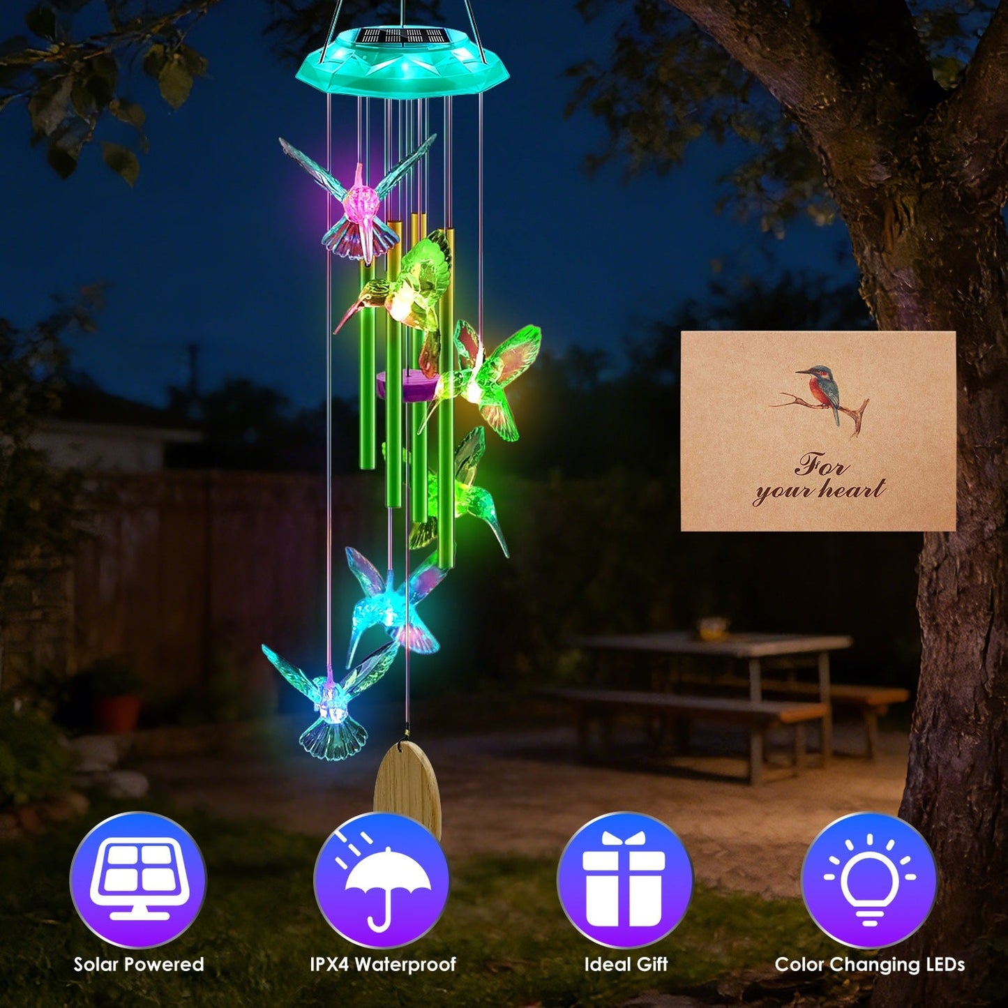 Solar Wind Chime with Color-Changing LED & Aluminum Tubes