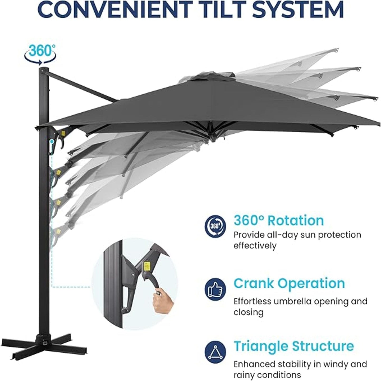 Round Cantilever Patio Umbrella With 360 Rotation & Infinite Tilt Adjustment