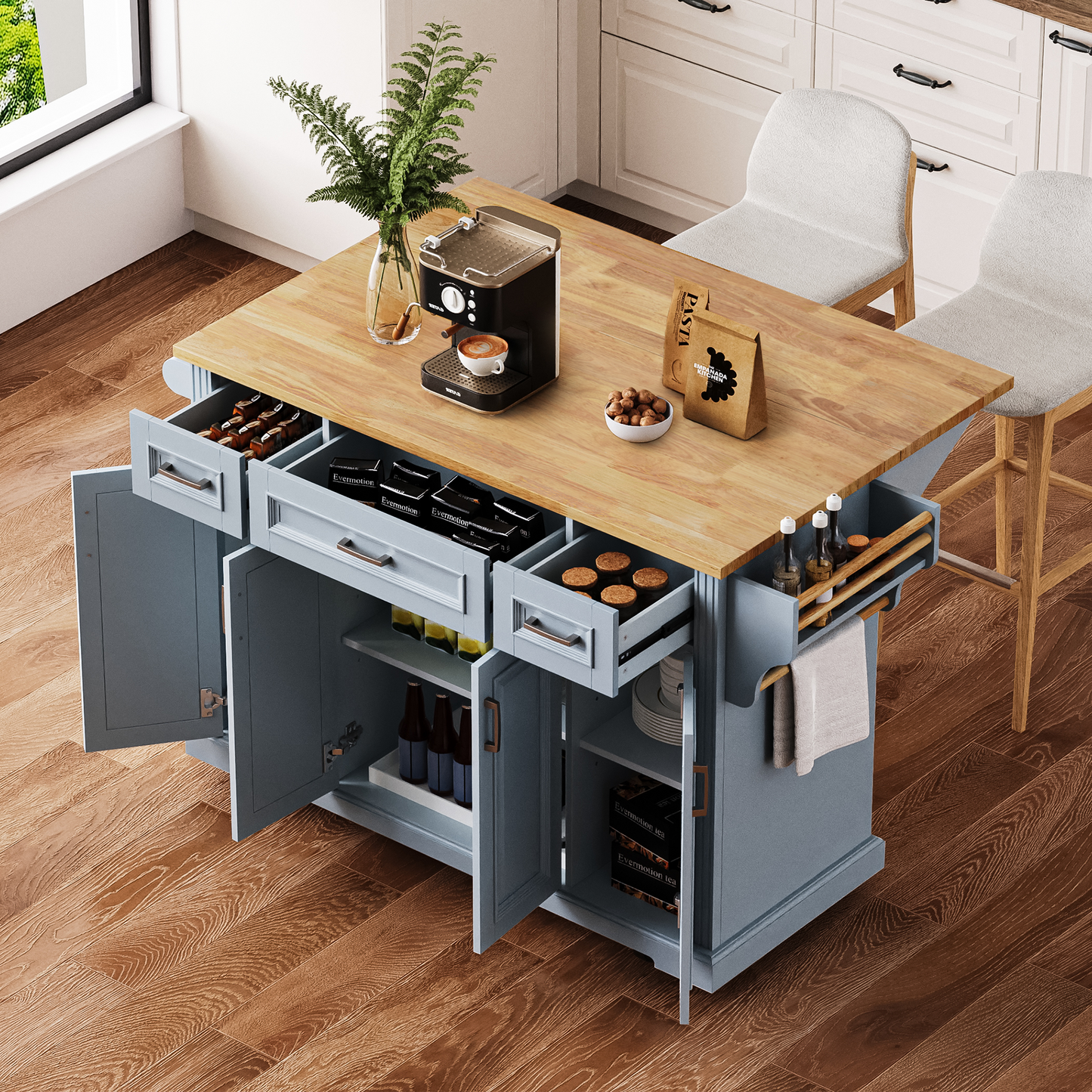 K&K 54inch Large Kitchen Island with Rubber Wood Drop Leaf