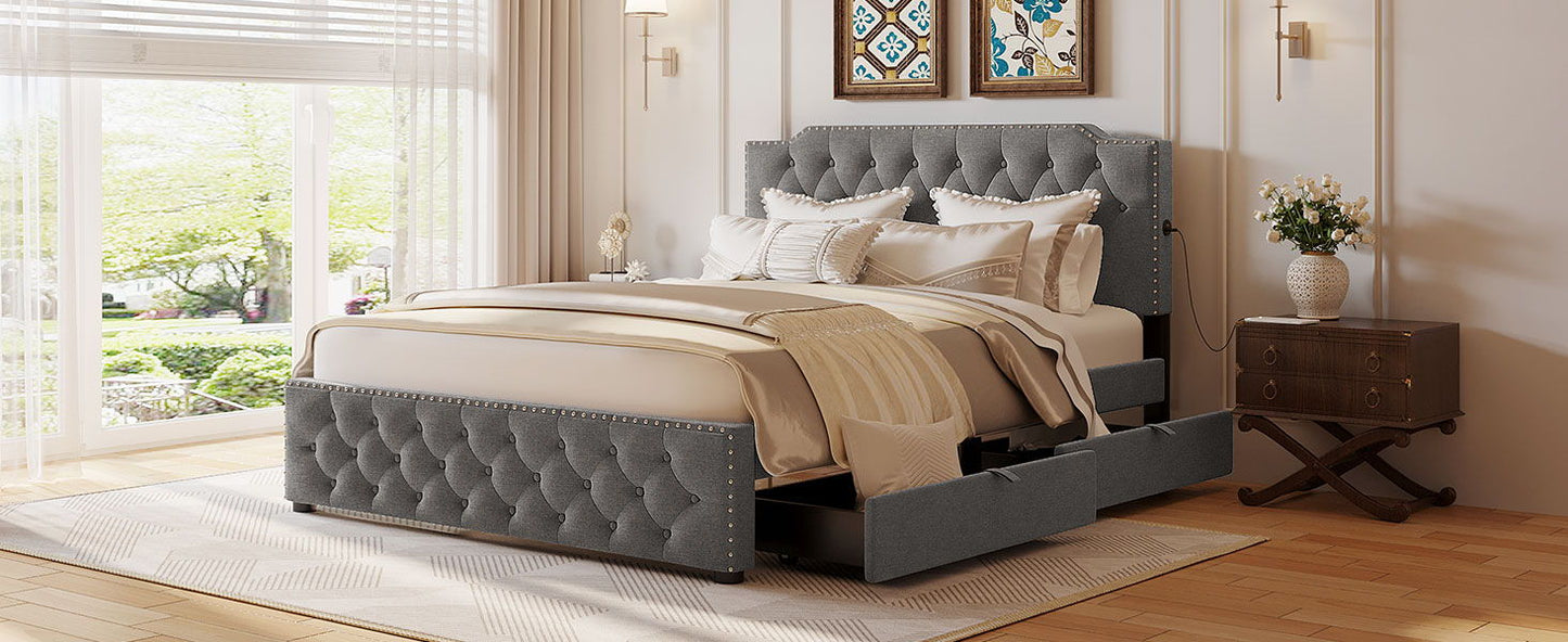 Upholstered Platform Bed With 2 Drawers And 2 Sets Of USB Ports On Each Side, Fabric