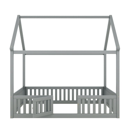 Wood House Bed With Fence And Door
