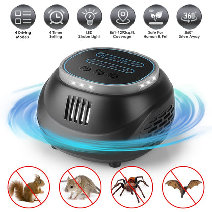 Ultrasonic Rodent Chaser Rat Repellent Pest Driver Mouse Control Squirrel Repeller with 4 Modes 4-65KHz Strobe Light 4 Timer 1292sq.ft. Coverage for R