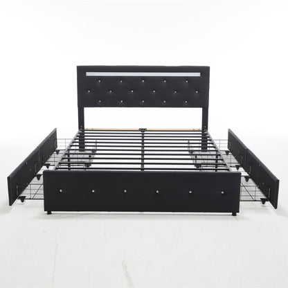 Upholstered Bed Frame With LED Lights, 4 Storage Drawers, Charging Station