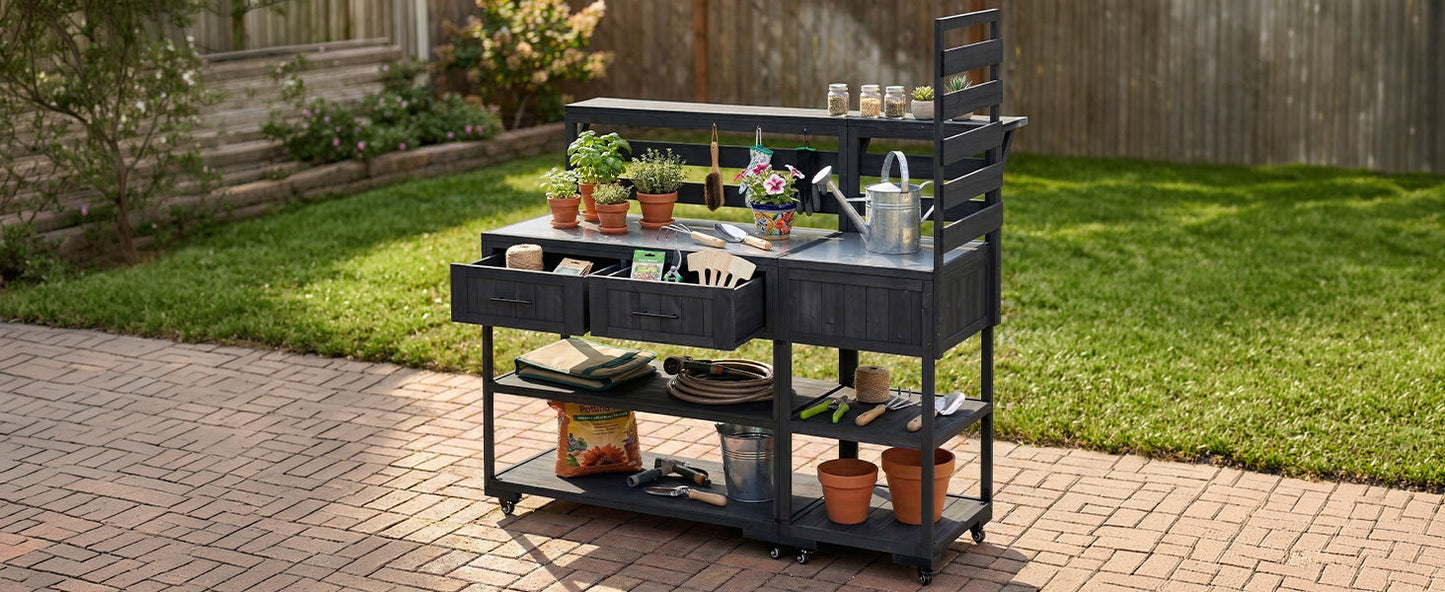 TOPMAX 62.3'' Patio Kitchen Island Solid Wood Kitchen Cart