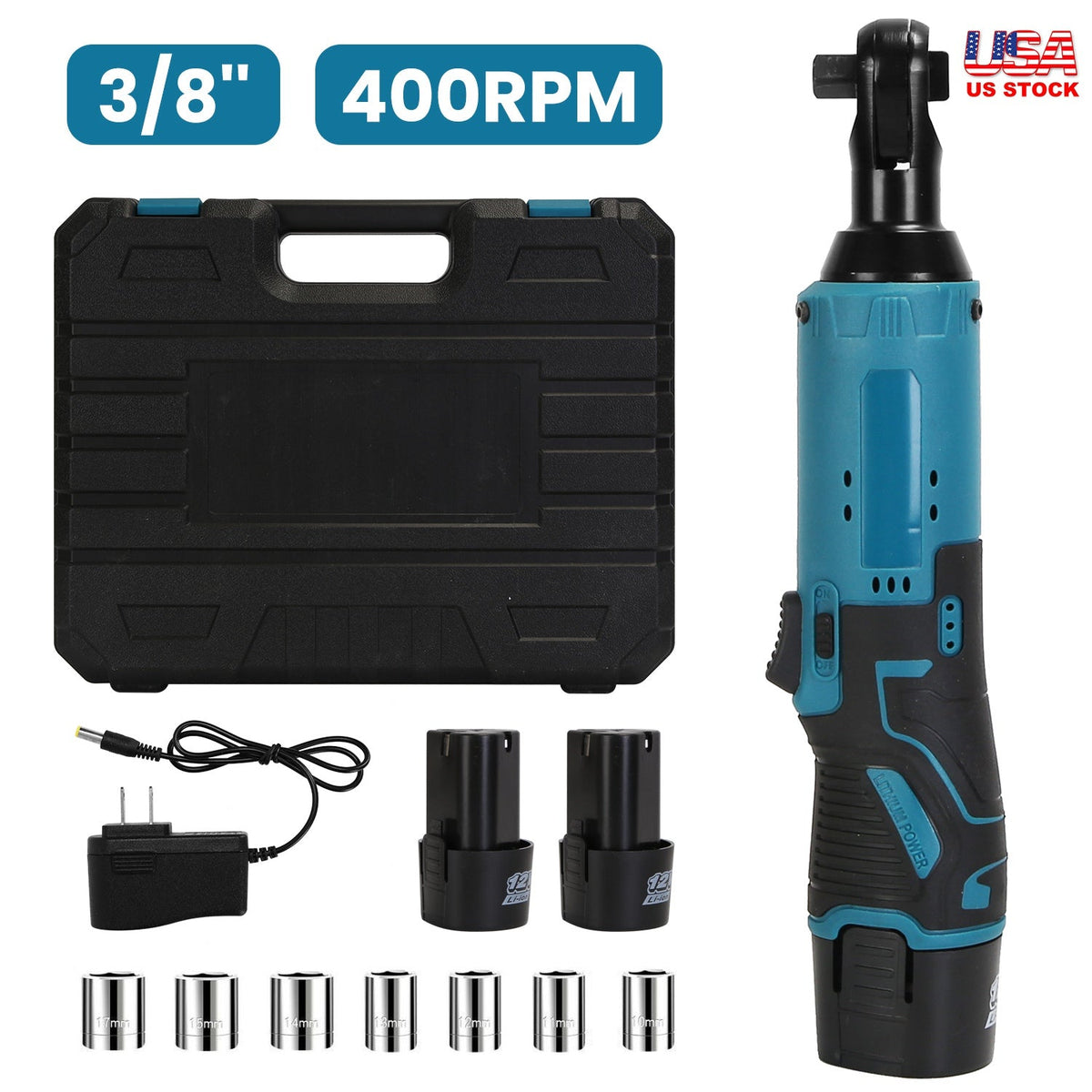 3/8Ó Cordless Electric Ratchet Wrench Set Right Angle Wrench with 2Pcs 1200mAh Batteries and Charger 7 Sockets 400RPM