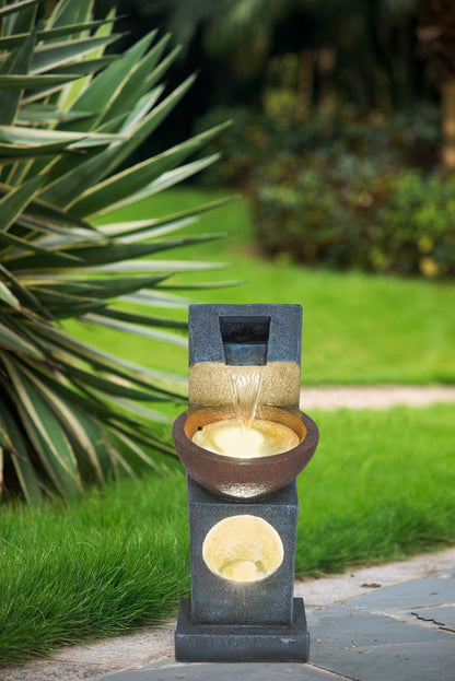 Sculptural Water Fountain With Bowl Basin, With Light And Pump, For Indoor And Outdoor - Brown / Black