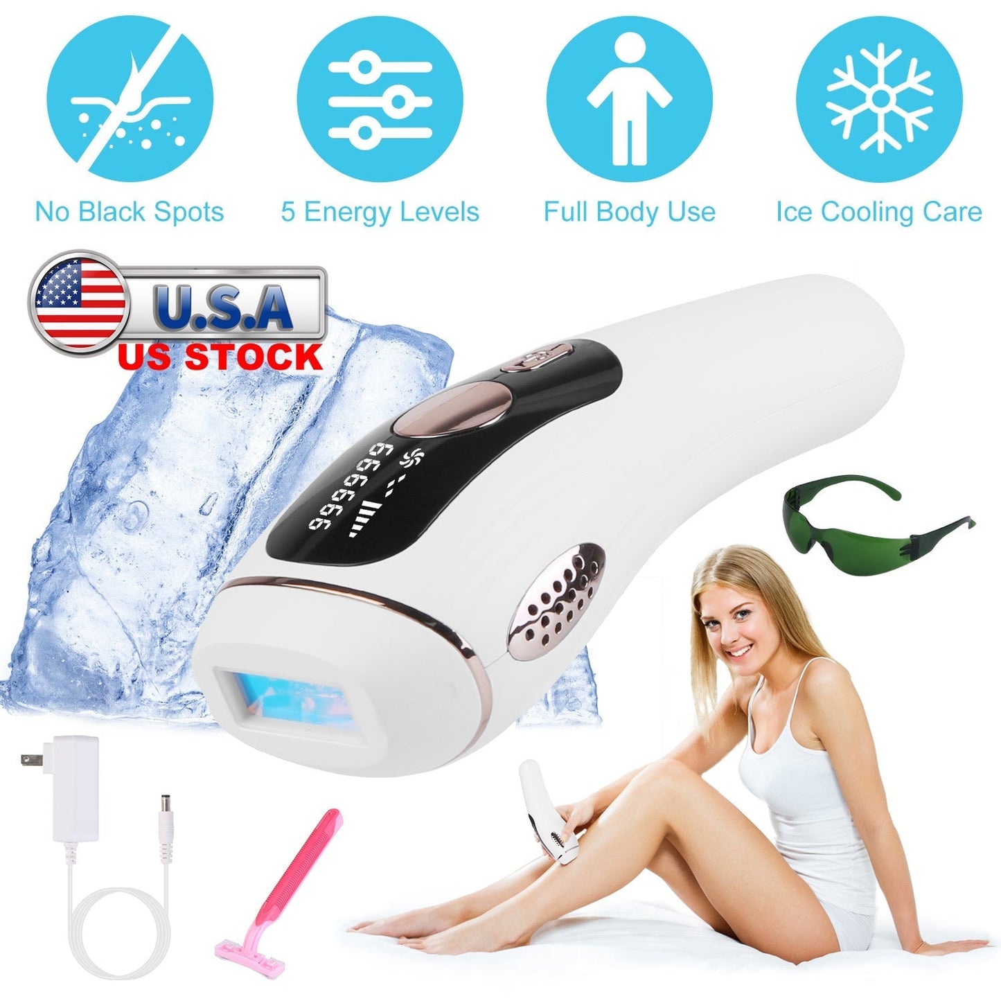 Laser Hair Removal For Woman Man Ice Cooling Permanent IPL Hair Remover with Painless 999999 Flashes Home Use Lasting Hair Reduction for Armpits Legs
