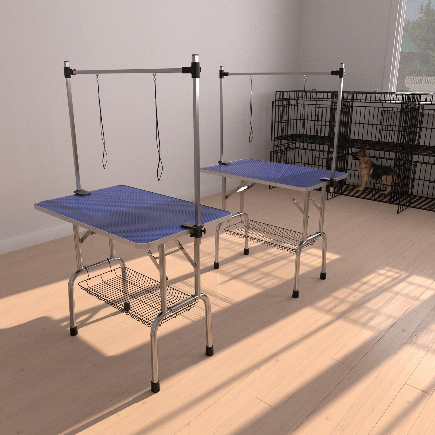 Folding Dog Pet Grooming Table Stainless Steel Frame Rubber Mat On Board With Adjustable Arm And Clamps Pet Dog Cat Grooming Table
