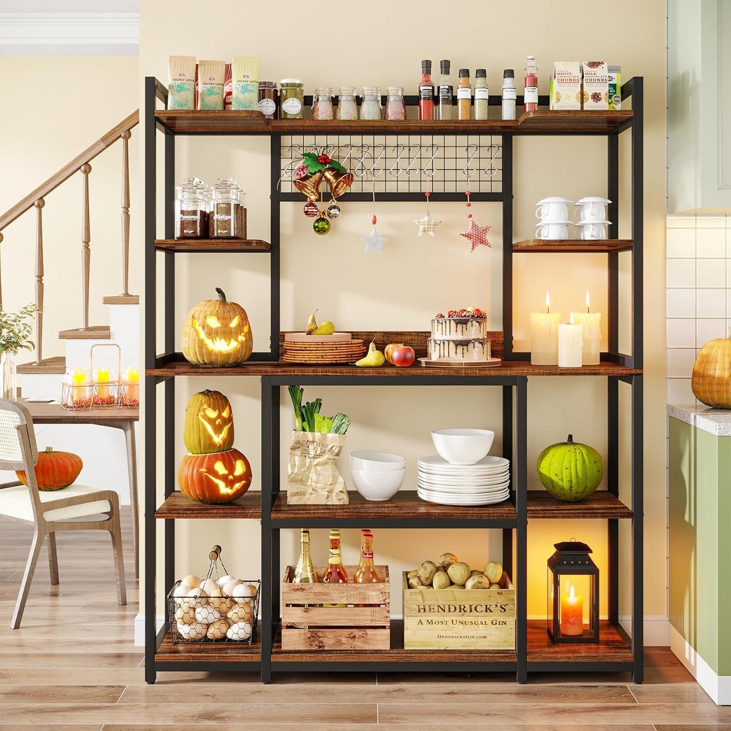 Baker's Rack With Hutch, 5 Tier Kitchen Storage Shelf, Freestanding Utility Pantry Organizer With Hooks And Microwave Stand - Black