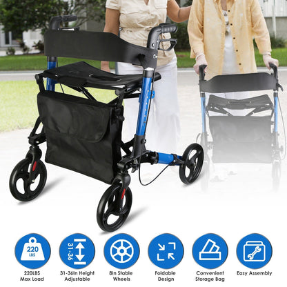 Aluminum Rollator Walker with Seat Backrest Foldable Rolling Walker with 220LBS Max Load 31-36in Adjustable Height 8in Wheels for Seniors Adult Mobili