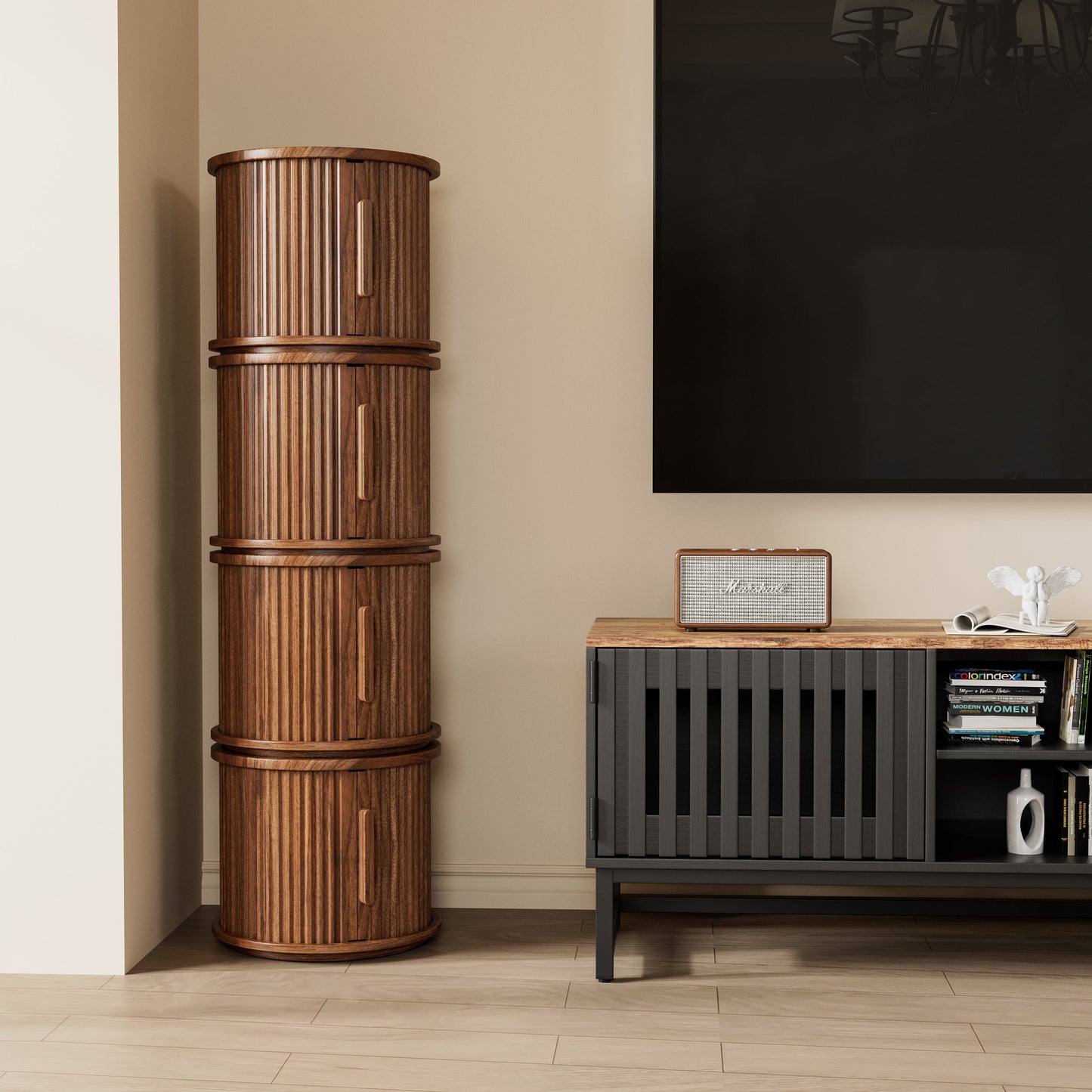 4-Piece Round Coffee Table Set with Sliding Door Storage