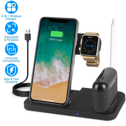 4 In 1 Wireless Charger Foldable Fast Charging Station Stand Dock Fit for iWatch Apple Pencil Airpod 1/2/3/Pro iPhone 13 12 11 Pro Samsung S22 S21 Qi-