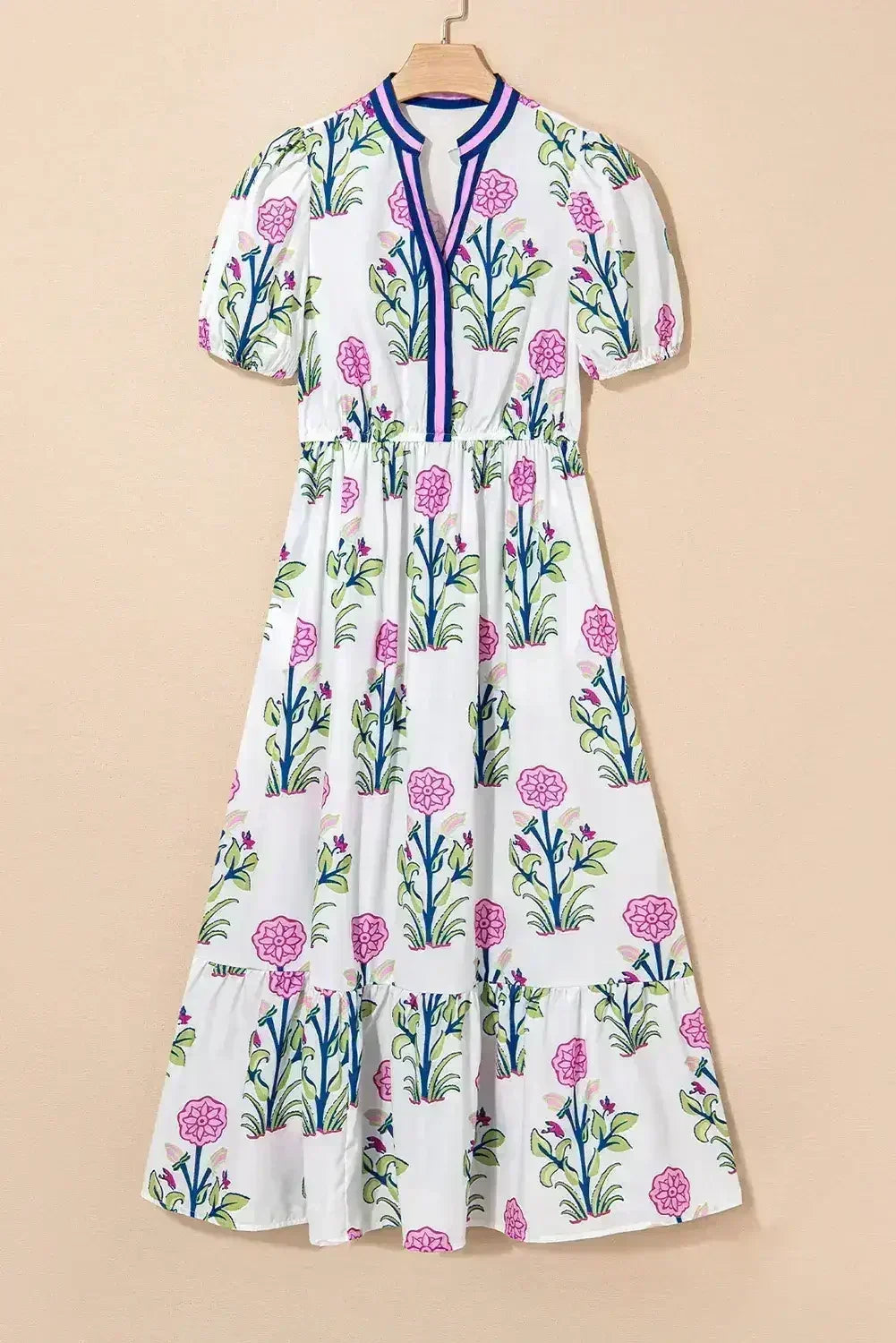 Blue Floral Ruffle Hem Pop of Color Neckline Dress