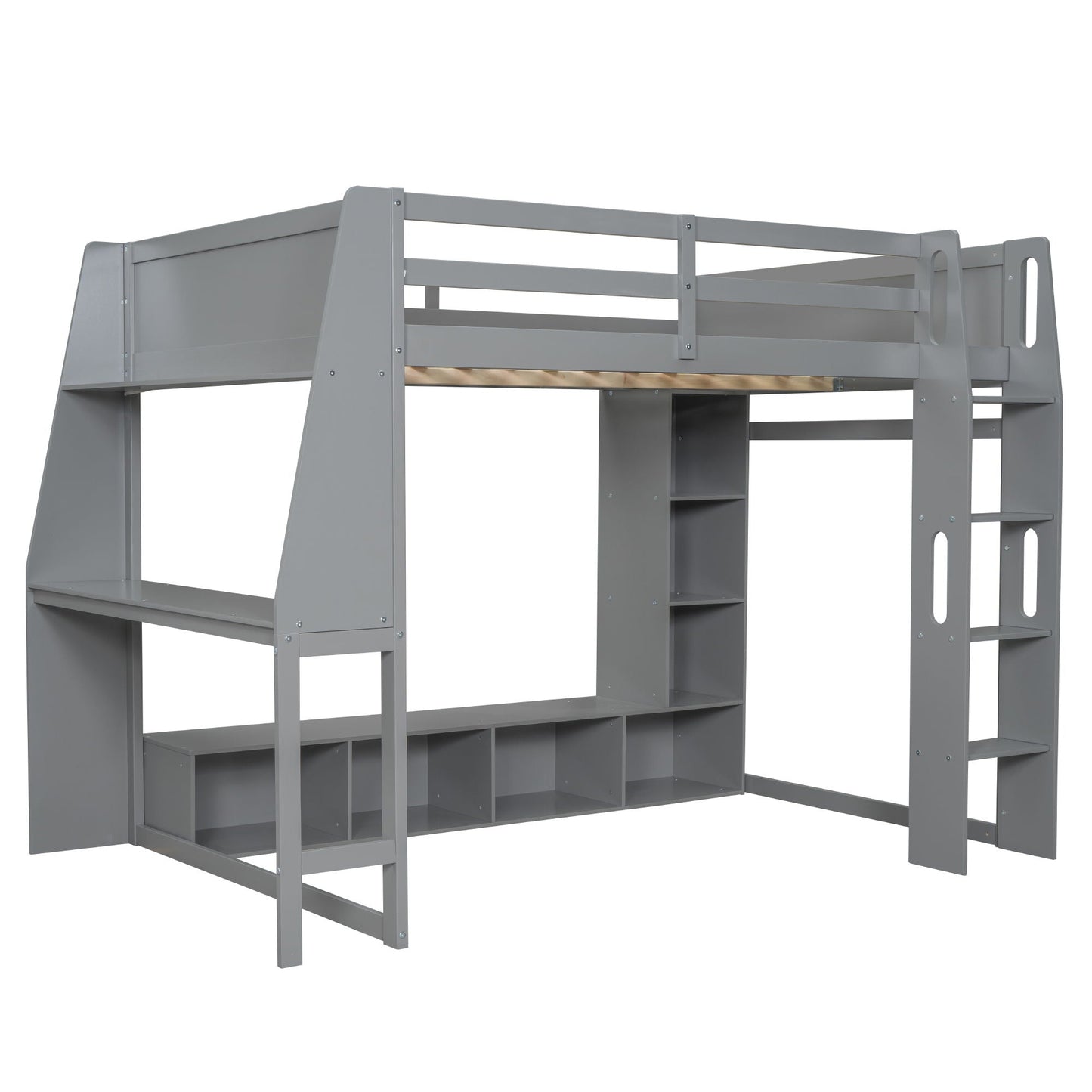 Gaming Loft Bed With Desk, Multi Storage Shelves, LED Lighting, And Hanging Clothes Rack