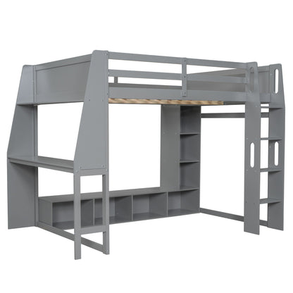 Gaming Loft Bed With Desk, Multi Storage Shelves, LED Lighting, And Hanging Clothes Rack