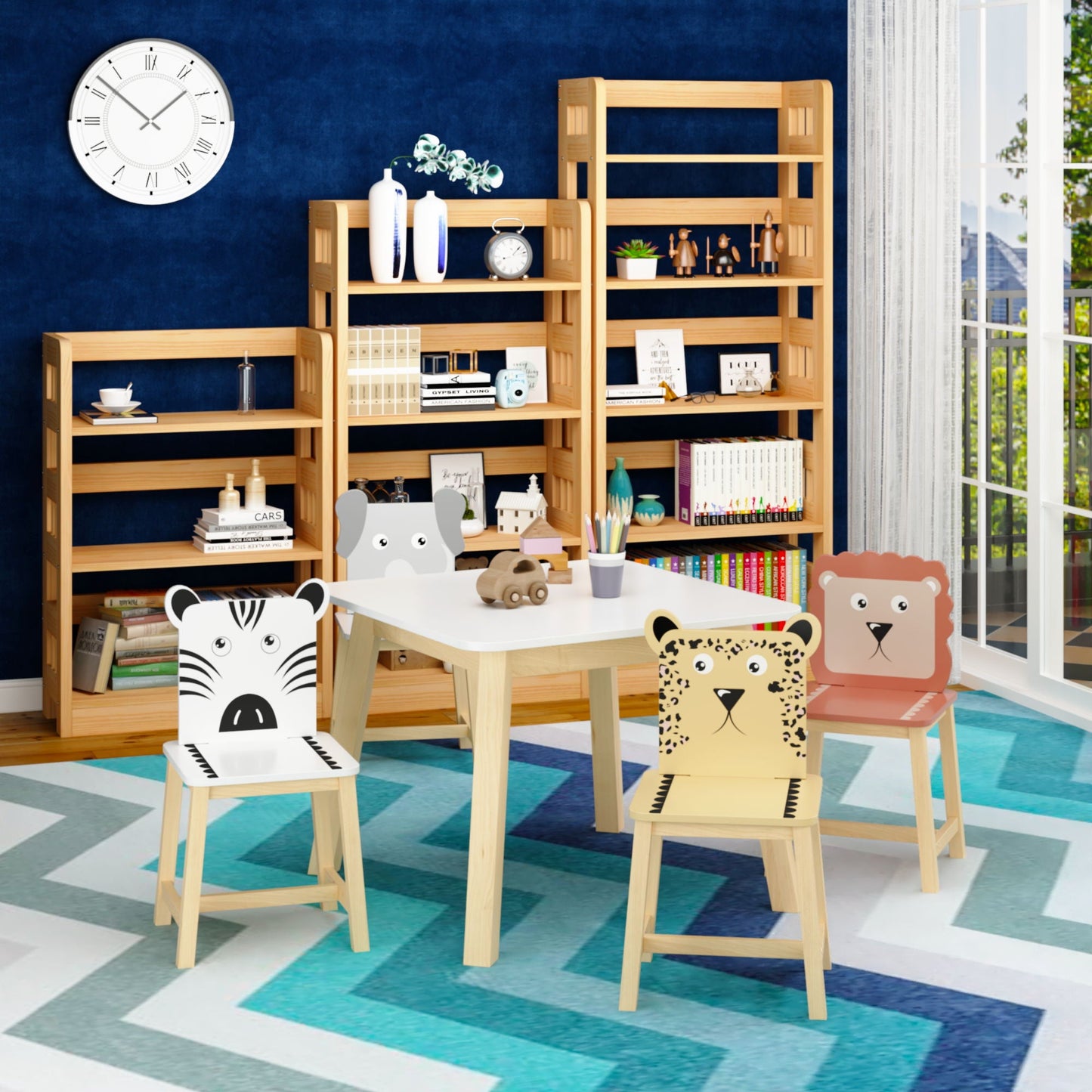 Kids Table And Chair Set With Cartoon Animals Design - White