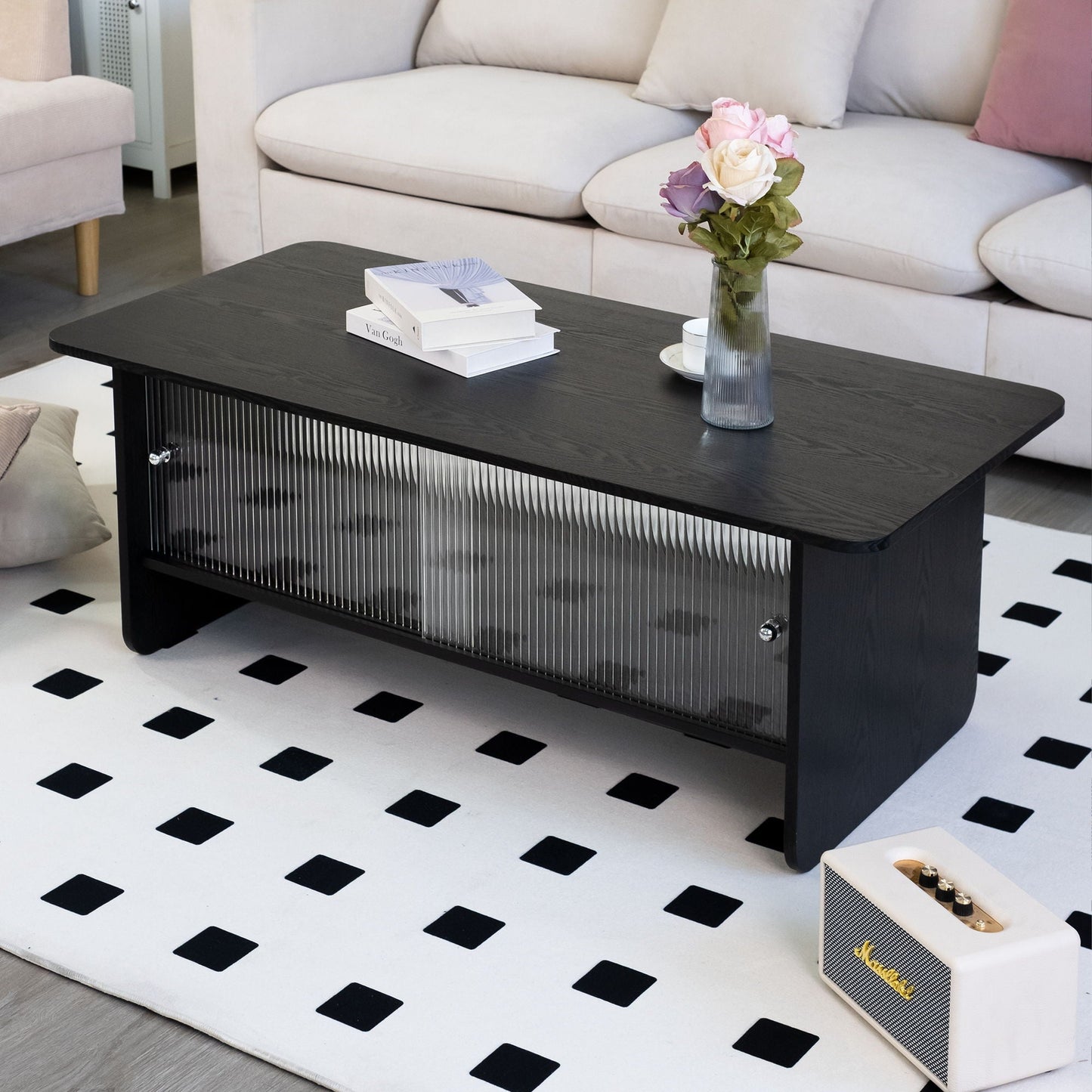 Rectangular Coffee Table With Sliding Door Storage Center