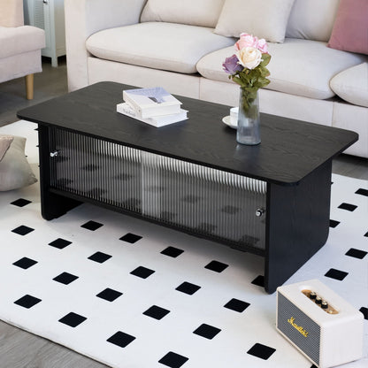 Rectangular Coffee Table With Sliding Door Storage Center