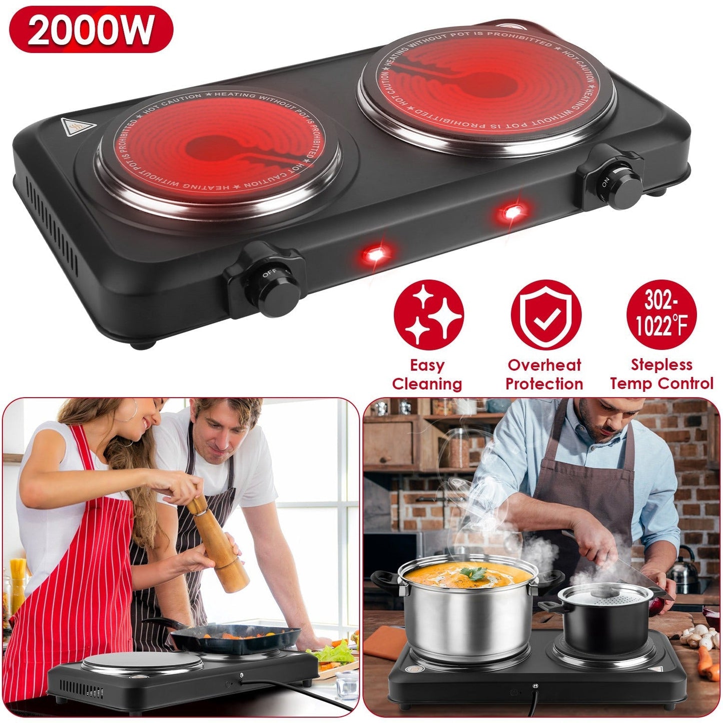 2000W Electric Infrared Dual Burner Portable Heating Hot Plate Stove Countertop RV Hotplate with 7.5Ó & 6.3Ó Glass Cooktop Stepless Temperature Adjust