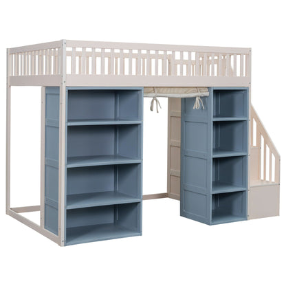 Full Size Loft Bed With 2 Four Layer Storage Cabinets And Curtain With Built In Staircase And Privacy Curtain - White