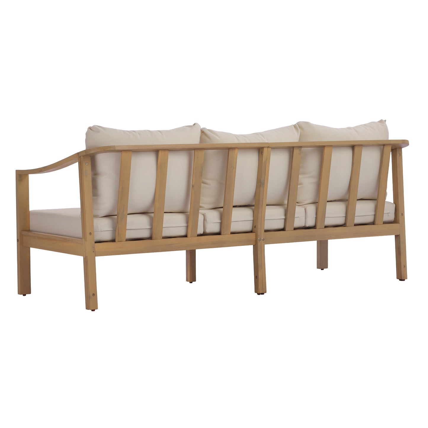77.95" Outdoor Acacia Wood 3-Seater Sofa with Beige Cushions