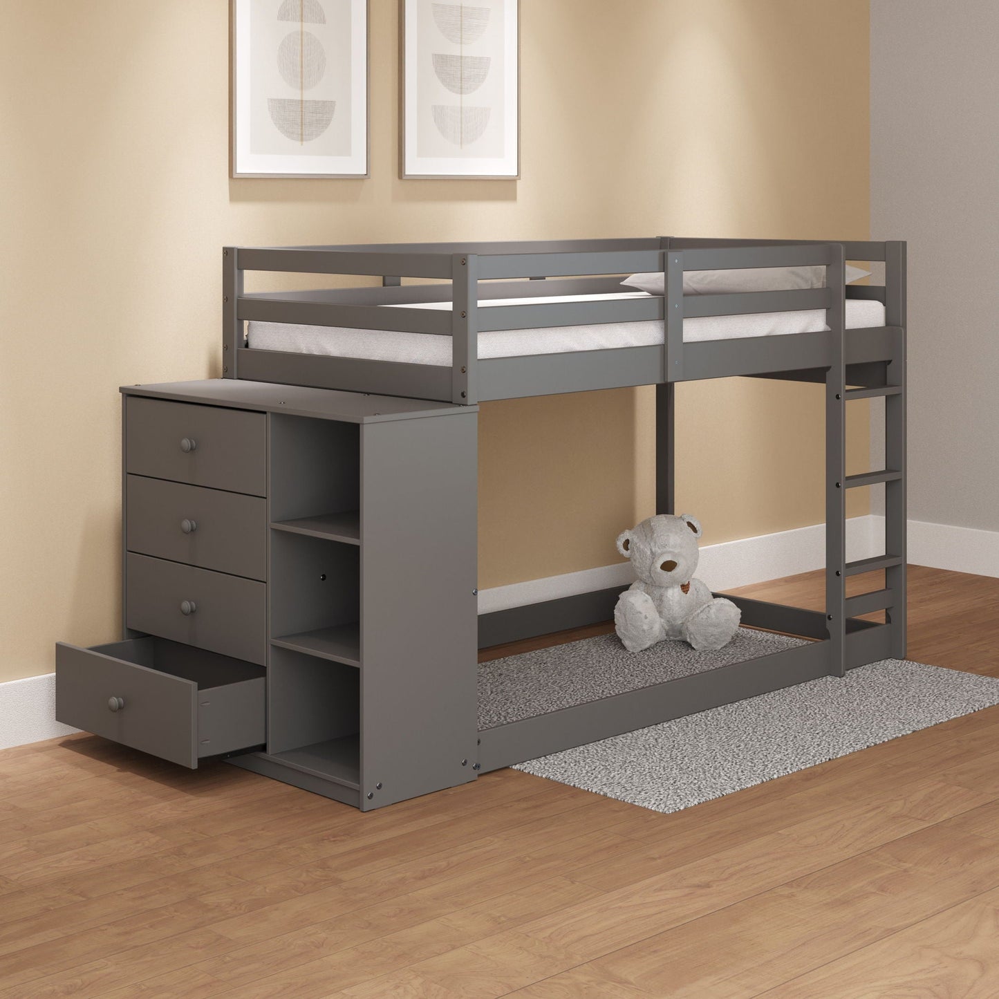 Gaston - Bunk Bed Twin Over Twin With 4 Drawers & 3 Compartments - Gray