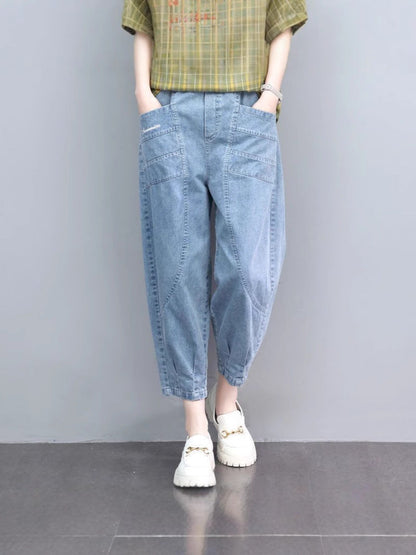 Loose-fitting Plus-size High-waisted Figure-flattering Cropped Denim Jeans