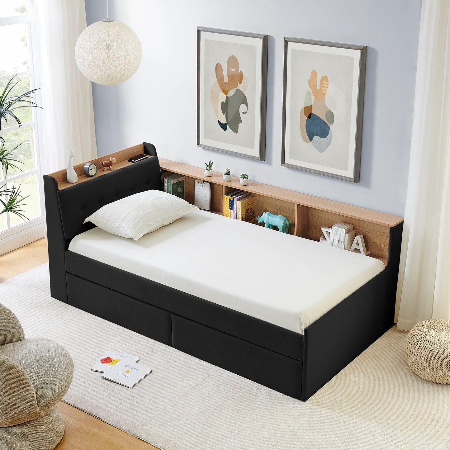 Upholstered Daybed With Storage Headboard, Wireless Charging, LED Lights