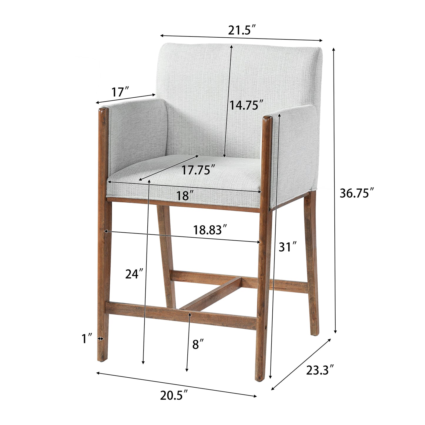 24'' Seat Height Upholstered Counter Stools with Arms for Kitchen Island/Dining Room, Set of 2