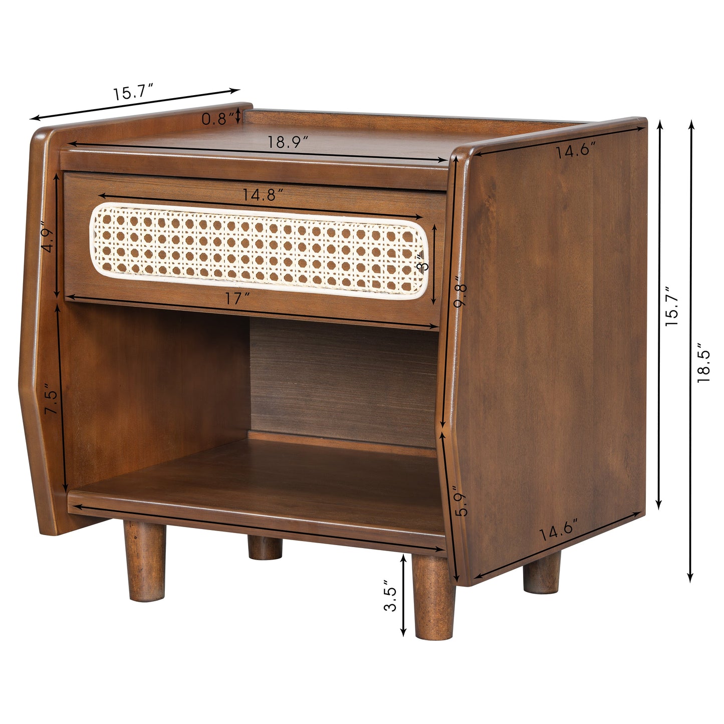 Walnut Nightstand with Rattan Detail, MDF + Solid Wood