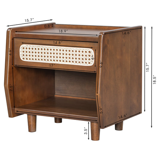 Walnut Nightstand with Rattan Detail, MDF + Solid Wood