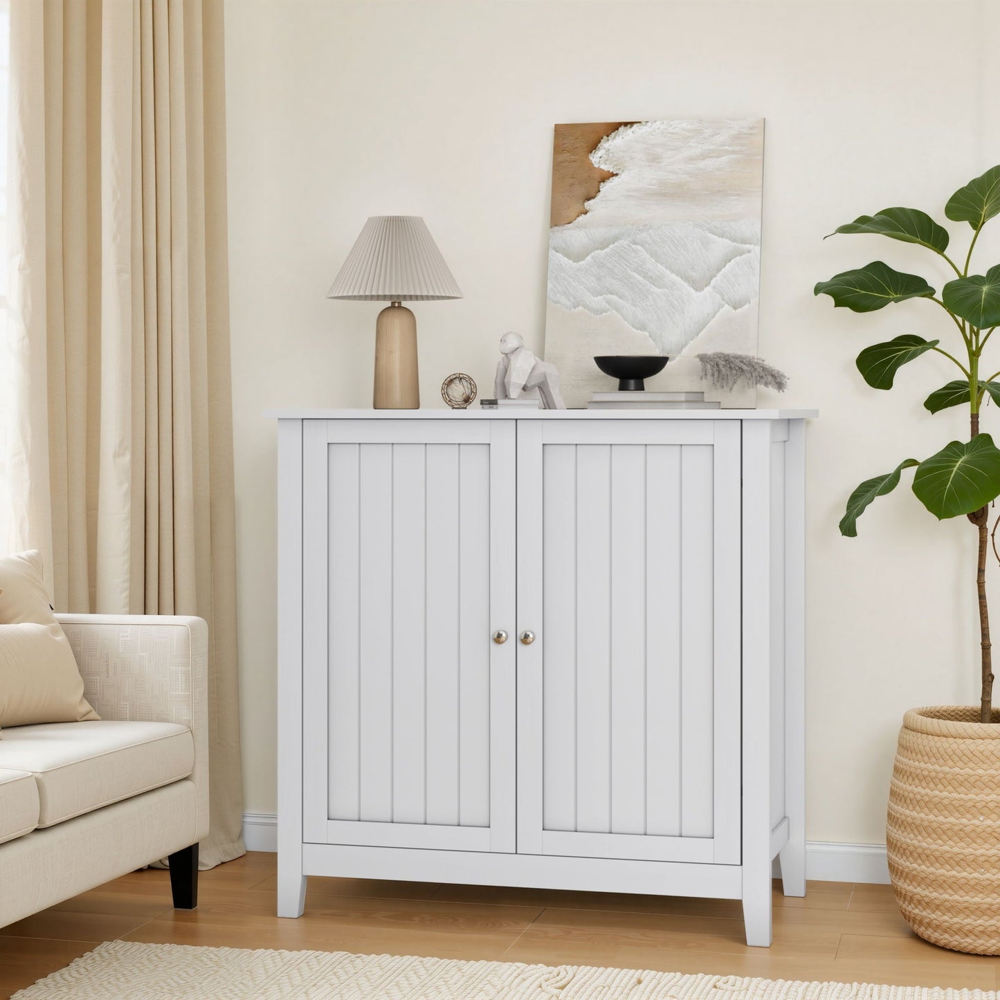 Mid Century Modern Double Door Storage Cabinet With Knobs - White