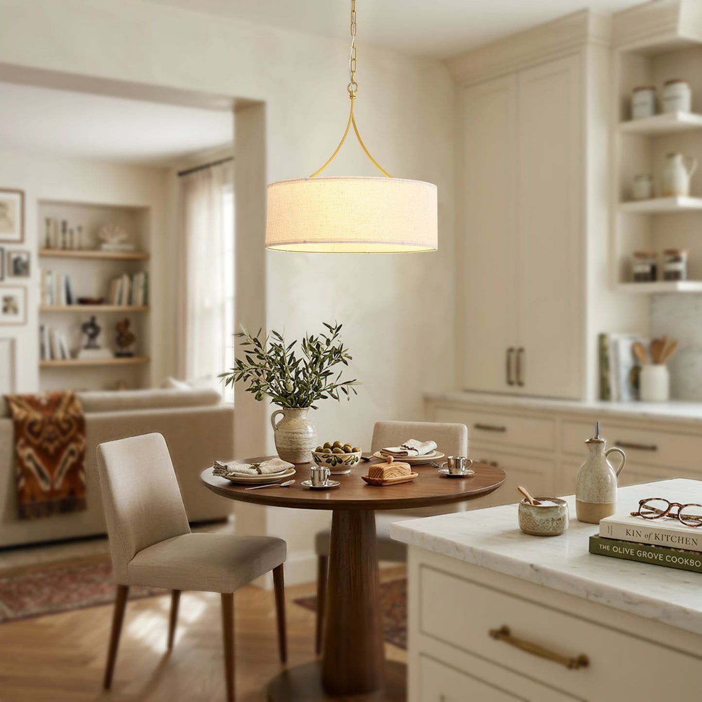 3-Light Gold Fabric Drum Pendant Light