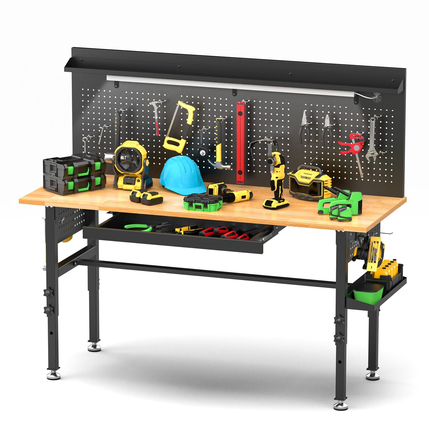 Adjustable Height Workbench, Includes Drawers, Power Outlet, LED Light, Wheels Or Leveling Feet - Black