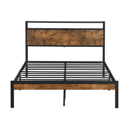Platform Bed Frame With Wooden Headboard And Footboard, USB Liner