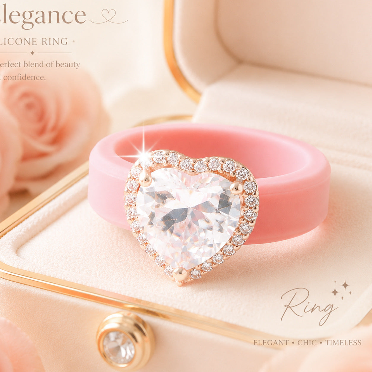 Silicone-inlaid Heart-shaped Zircon Ring
