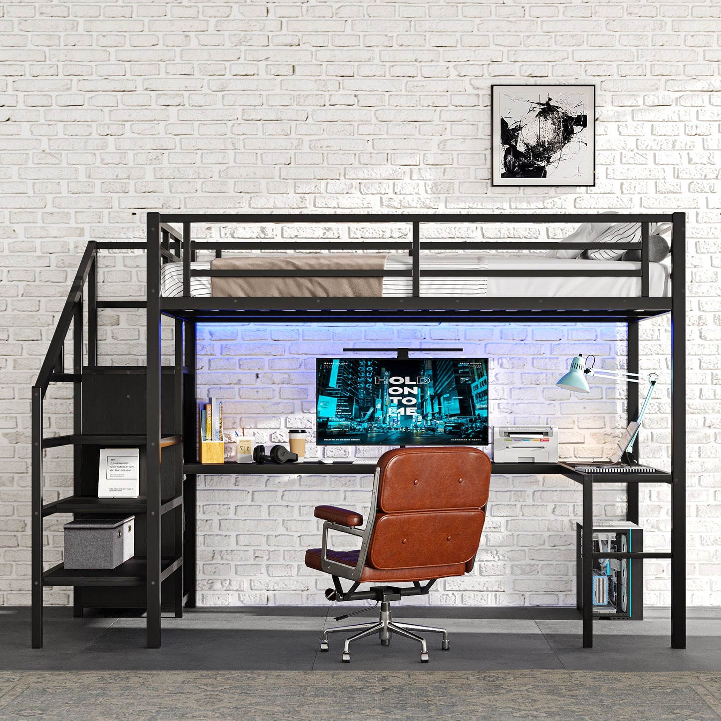 Full Size Loft Bed with L-Shaped Desk and USB