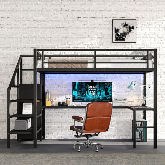 Full Size Loft Bed with L-Shaped Desk and USB