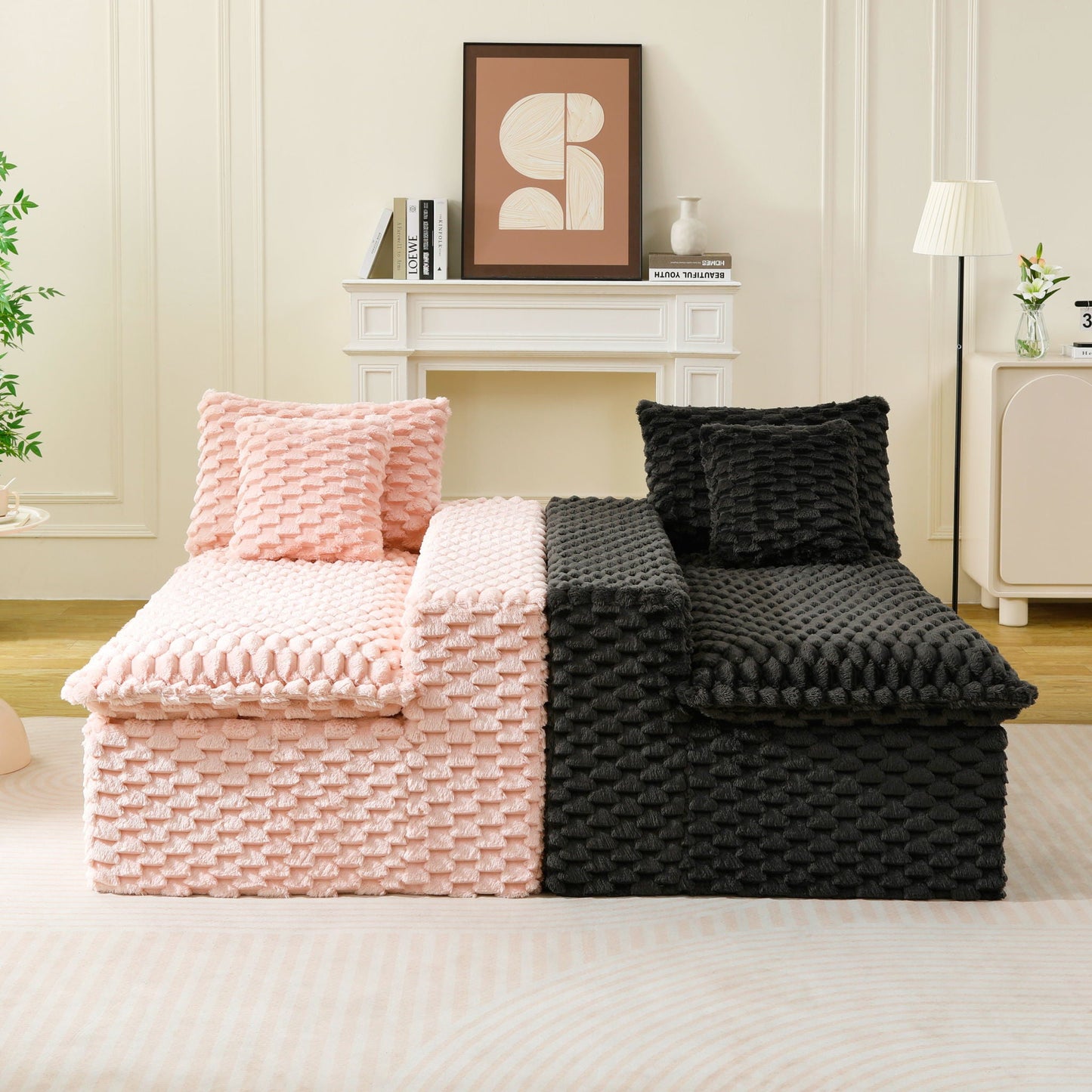 Multifunctional Sofa Pink Black, Fits 4 People