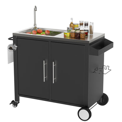 Outdoor Grill Table With Sink, Grill Cart With Sink And Cabinet With Wheels - Black / Silver