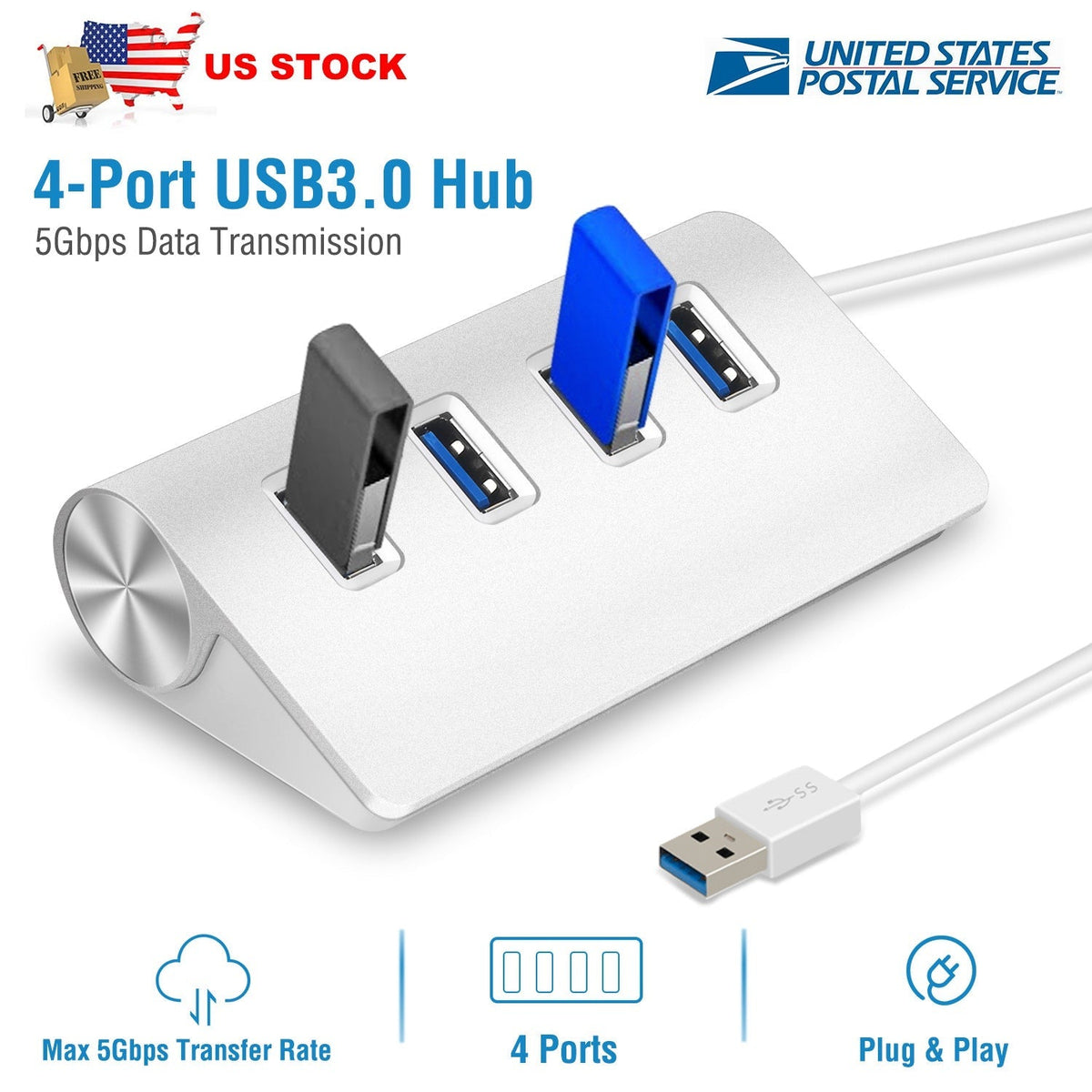 4 Ports USB3.0 Hub 5Gbps USB3.0 Aluminum Expansion Hub Splitter File Video Date Reader Transmission For U Disk Flash Drive Mouse Digital Camera